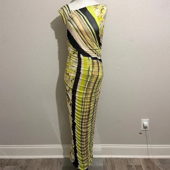 AFRM Biona Striped Ankle Length Bodycon Dress Asymmetrical Neck Ruched Mesh - Picture 3 of 10